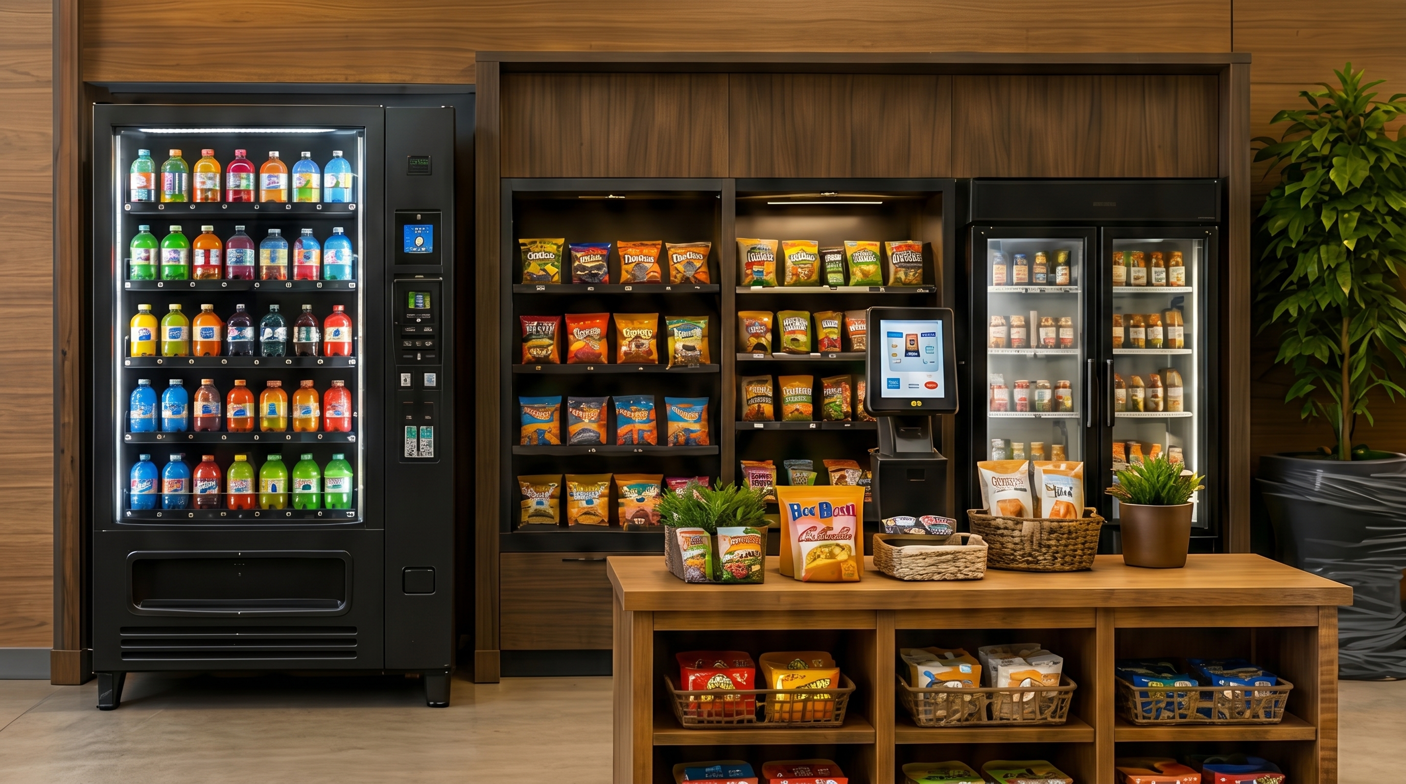 Vending machine beside a stocked micro market wall